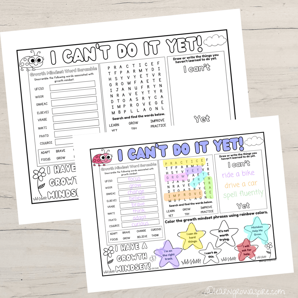 A growth mindset activity placemat printable for kids with the answer key on a countertop.