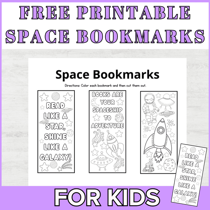 A pdf with three space bookmarks that kids have to color and then cut out to make their own space bookmarks.