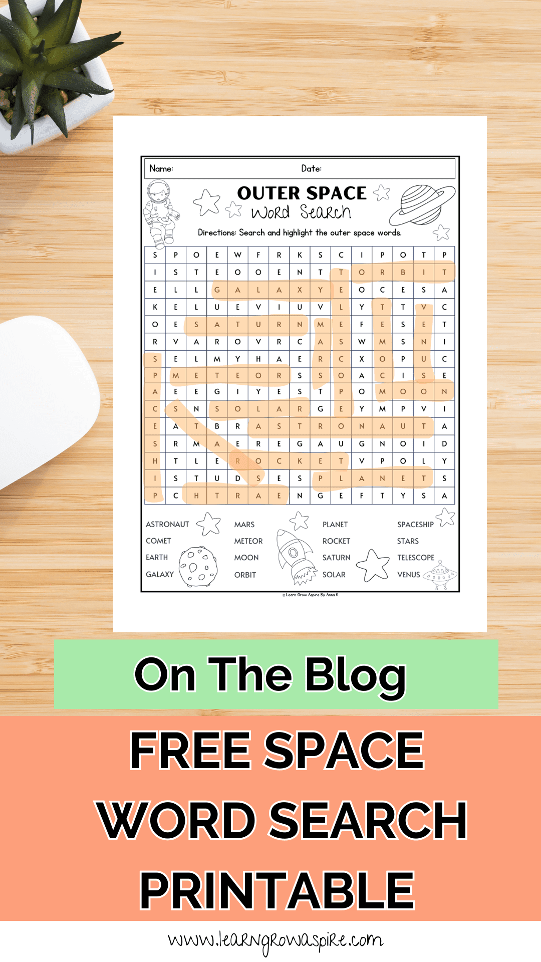 Free Space Word Search For Kids Printable | Learn Grow Aspire