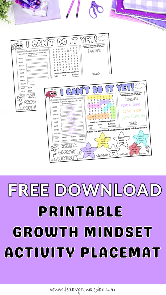 Free printable growth mindset activity placemat for kids.