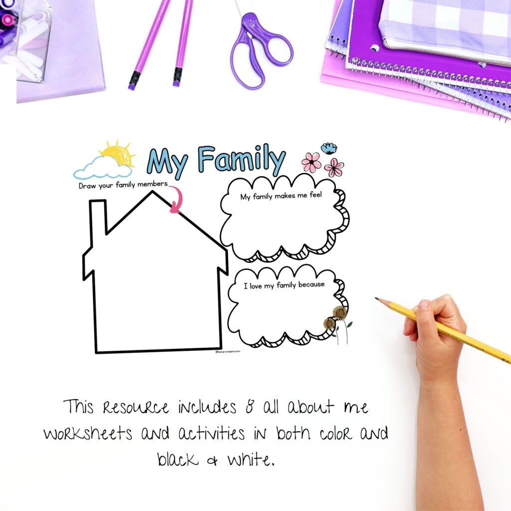All About My Family worksheet for kids. Confidence building activities for students printable pdf.
