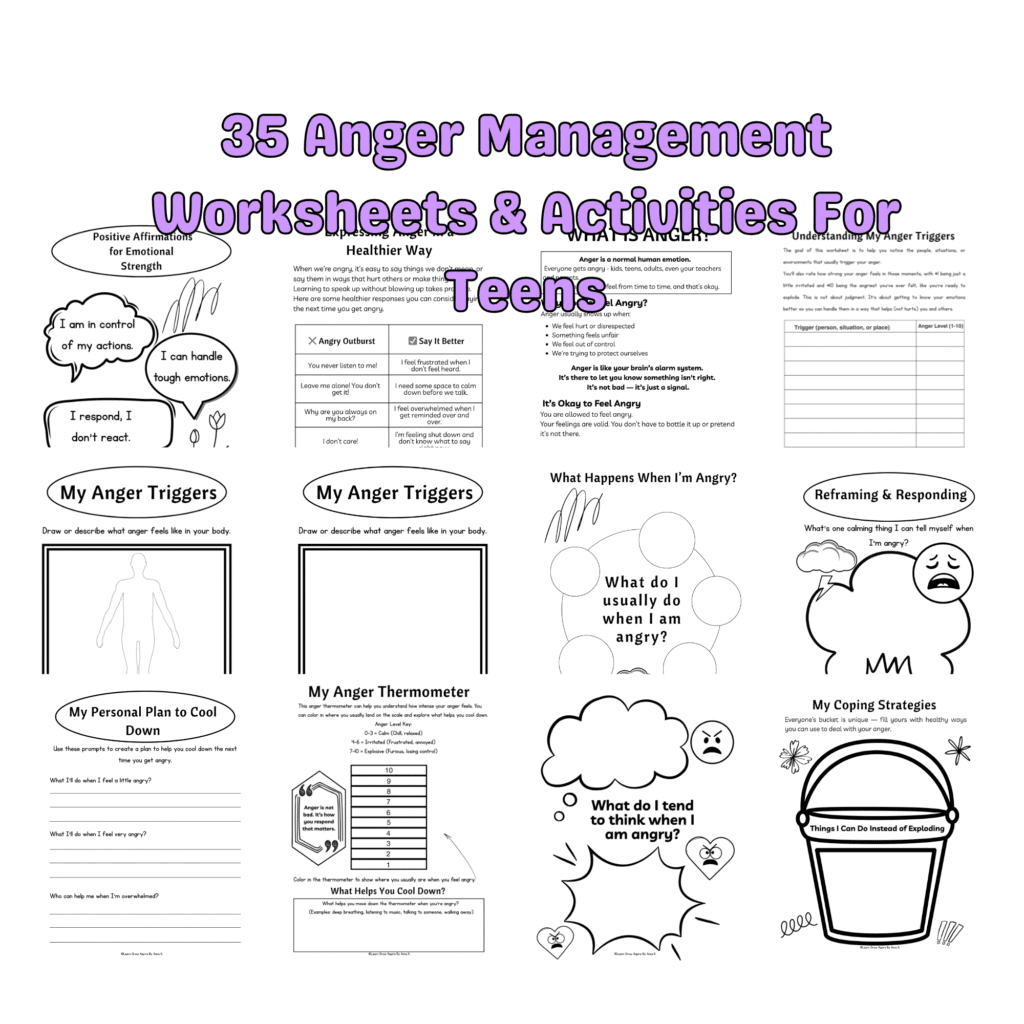 A bundle of printable anger management worksheets and activities for teens.