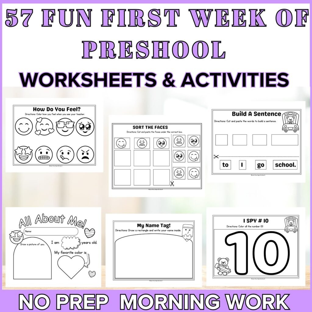 First day of preschool activities and worksheets.