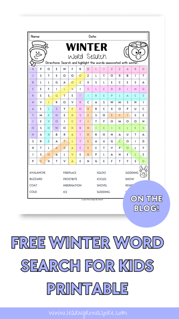 Winter word search for kids printable