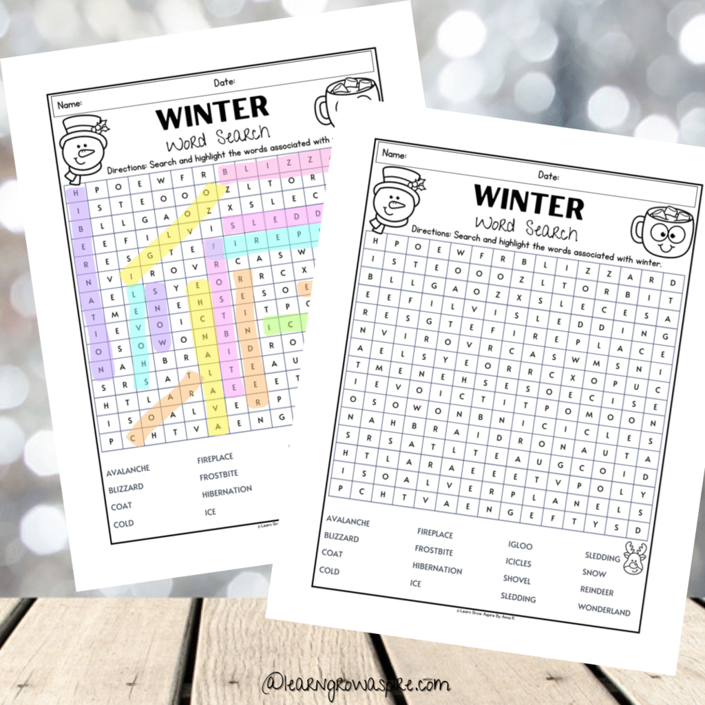 Winter word search for kids printable pdf free