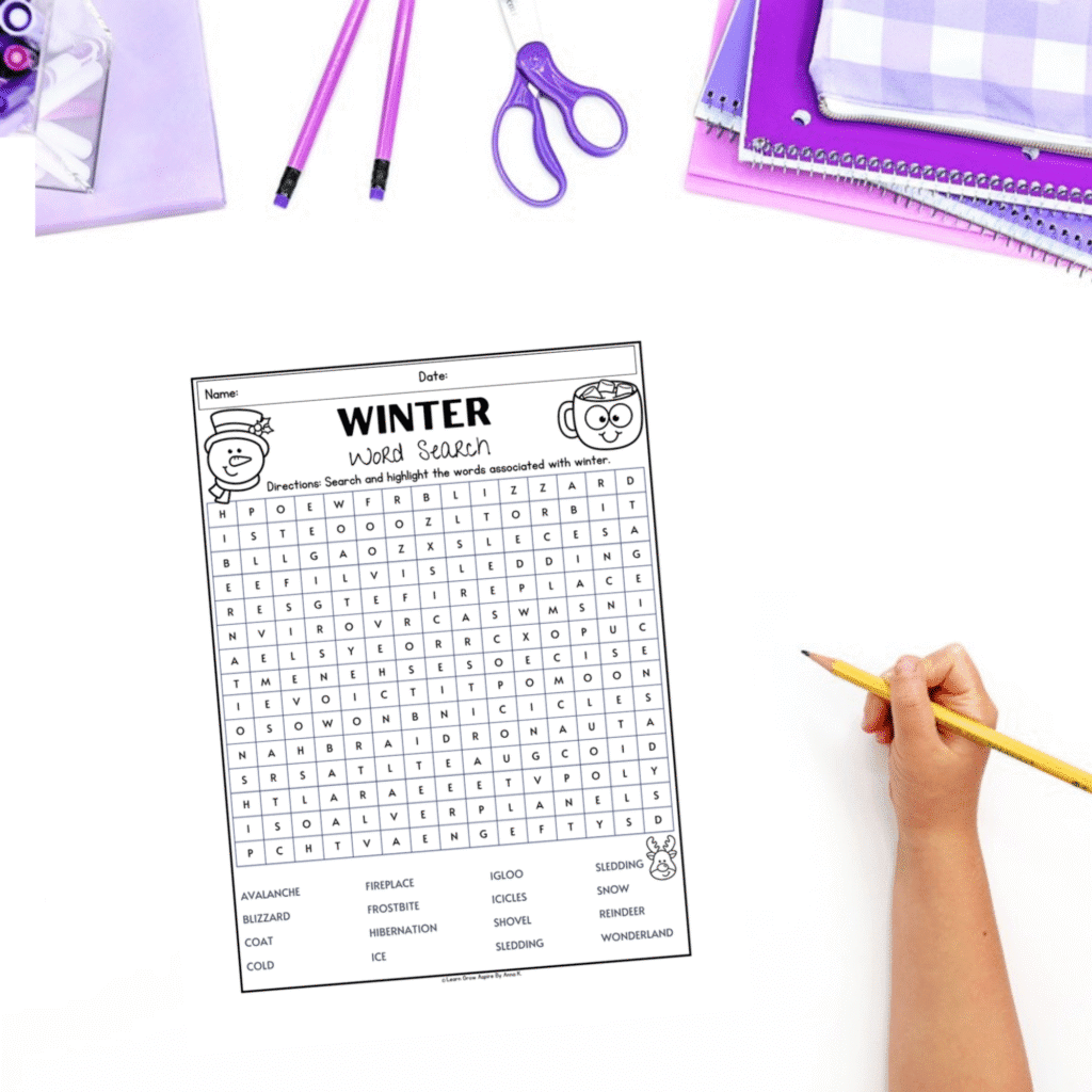 Winter word search for kids printable pdf free