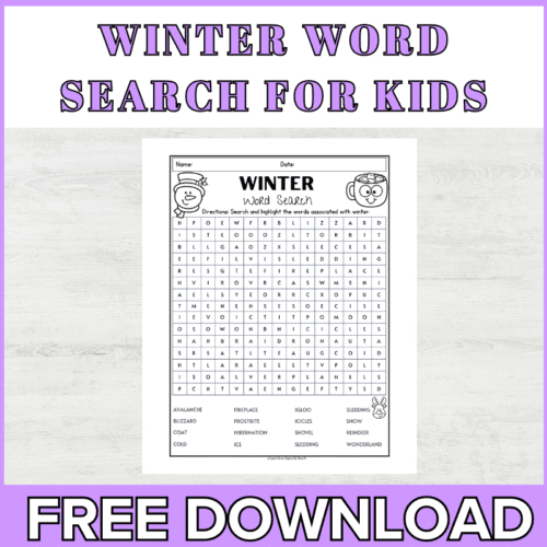 Winter word puzzle for kids printable pdf.