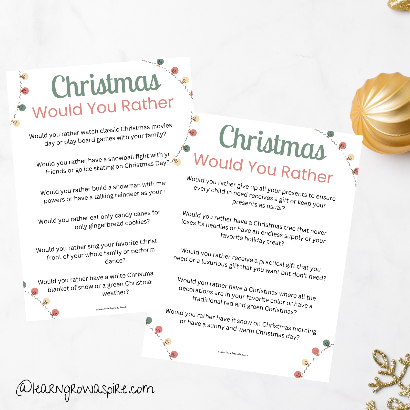 Christmas would you rather questions for kids printable pdf