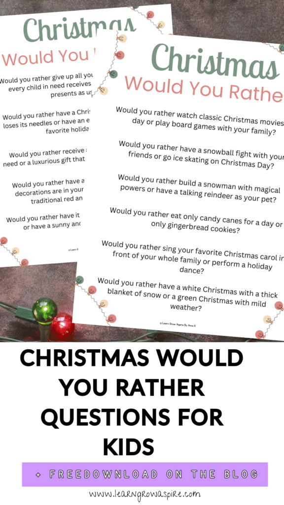 Christmas would you rather questions for kids free printable pdf. 