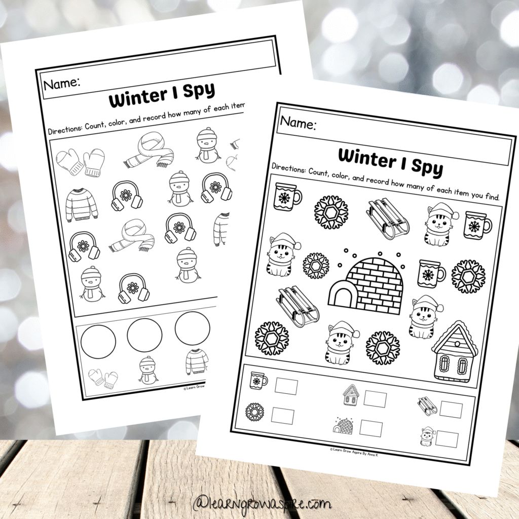 Winter activities for kids free printable I spy worksheets. 