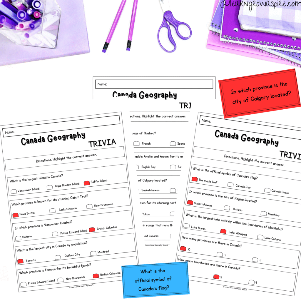 Canadian geography trivia for Kids with answers worksheets pdf