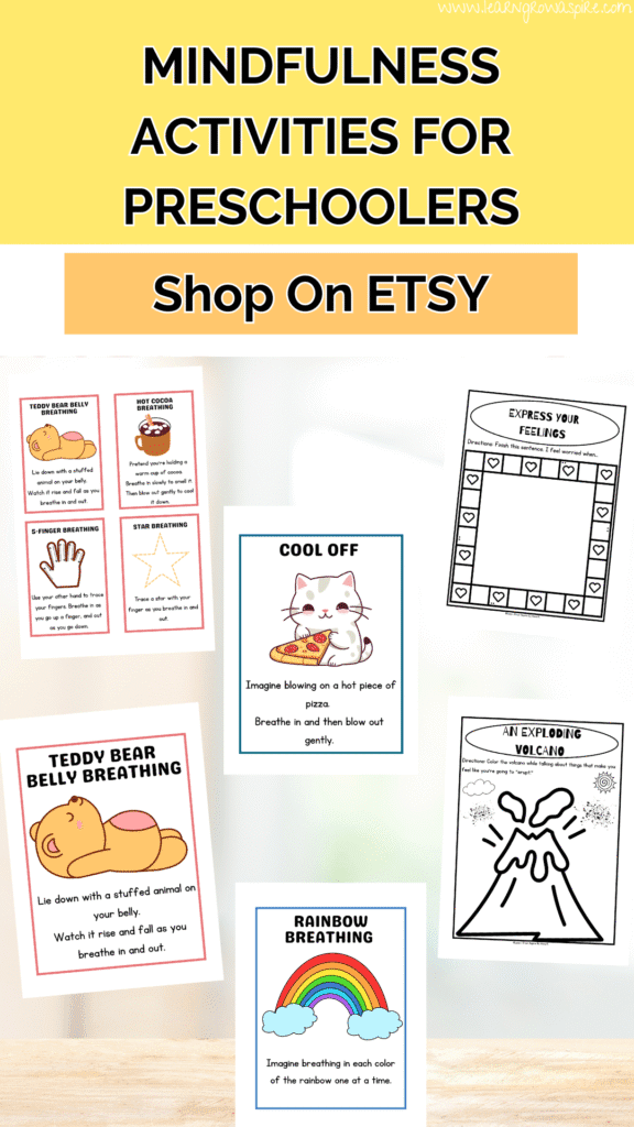 Simple mindfulness activities for preschoolers. Breathing visuals for kids to practice mindfulness. 