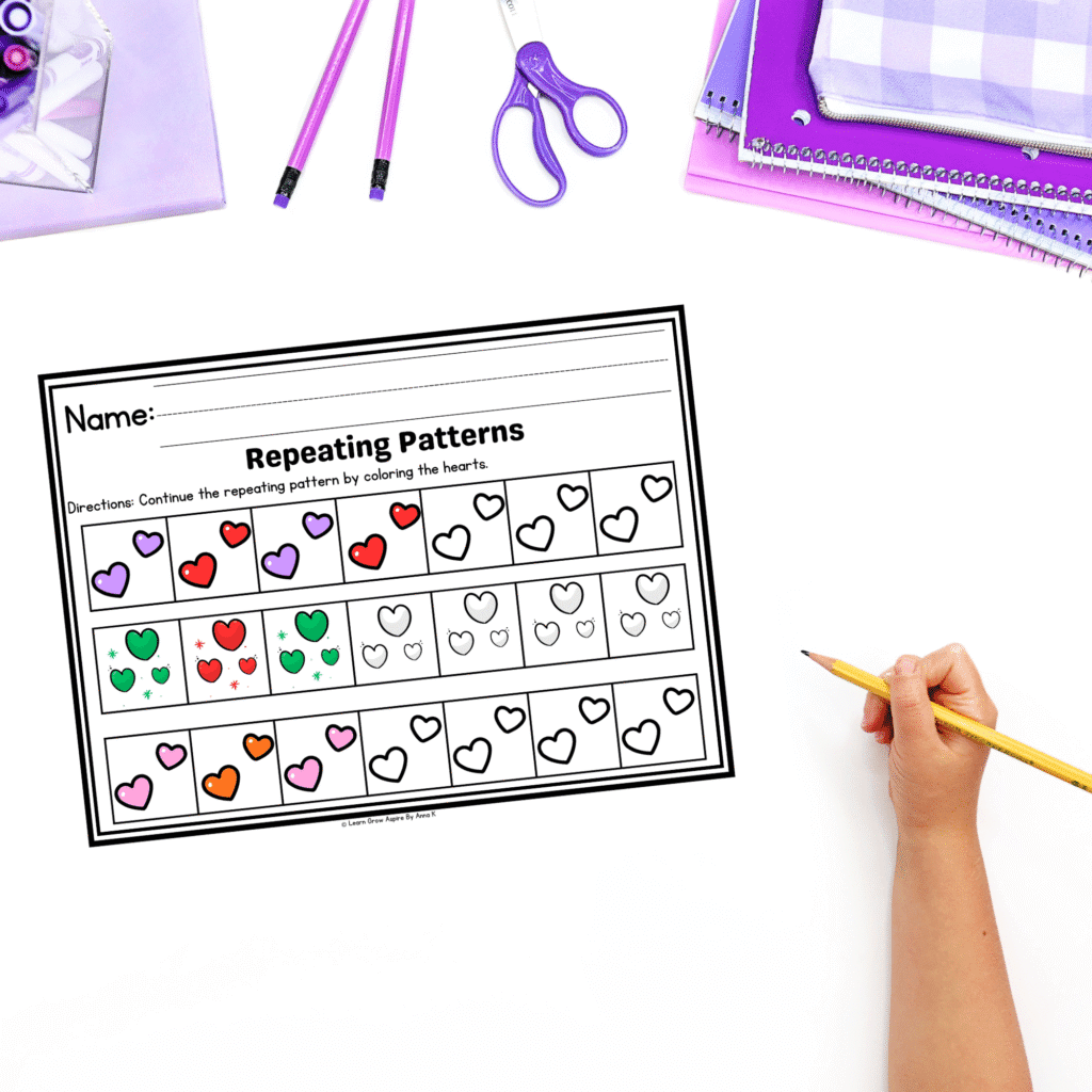 Free printable heart patterns worksheets for preschoolers pdf