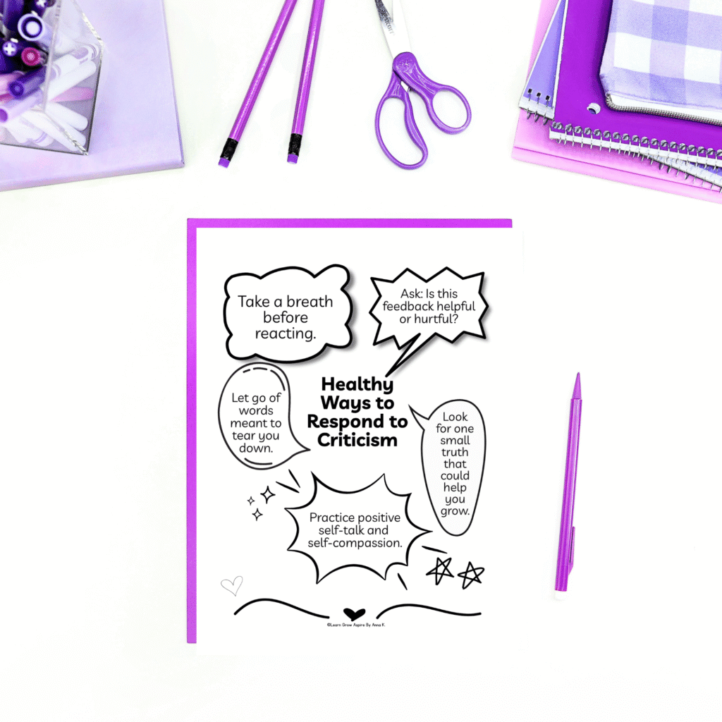 A worksheet showing ways teens can cope with criticism. 