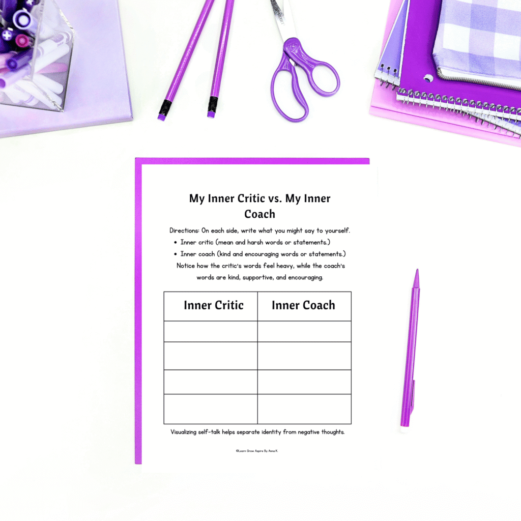 inner coach vs inner critic worksheet to help teens deal with criticism. 