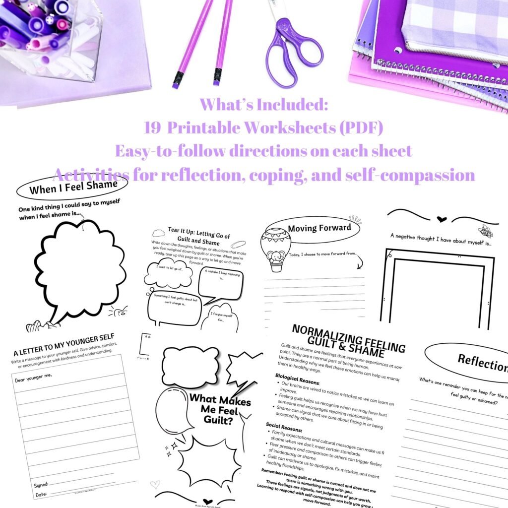 Worksheets to help a teen with shame and guilt. Printable PDF 