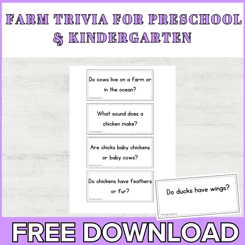Free printable farm trivia questions for preschool and kindergarten.