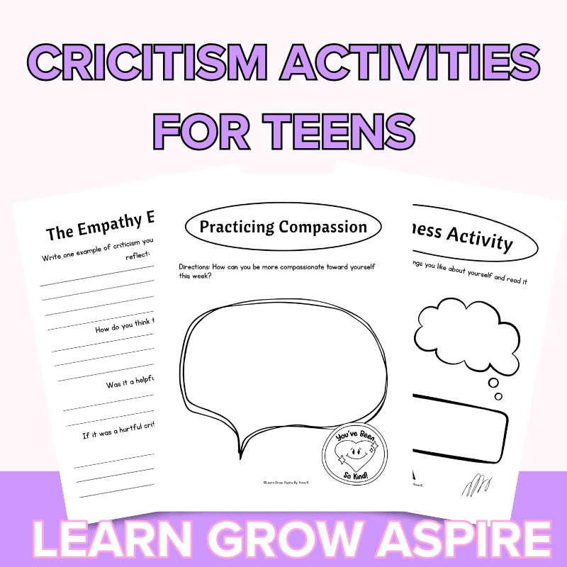 Teen writing reflections on handling negative feedback - criticism worksheets for teens