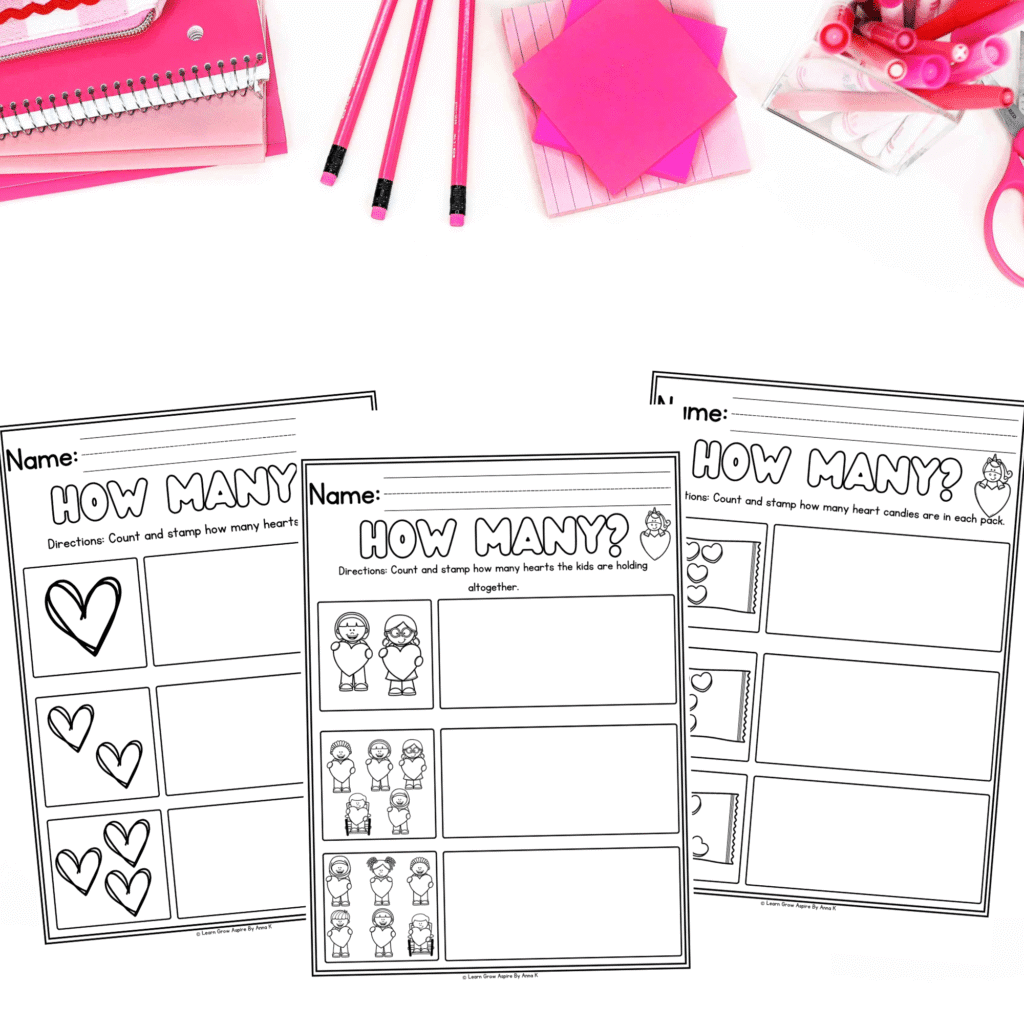 Free printable heart counting worksheet for preschool and kindergarten with stamp and count activity.