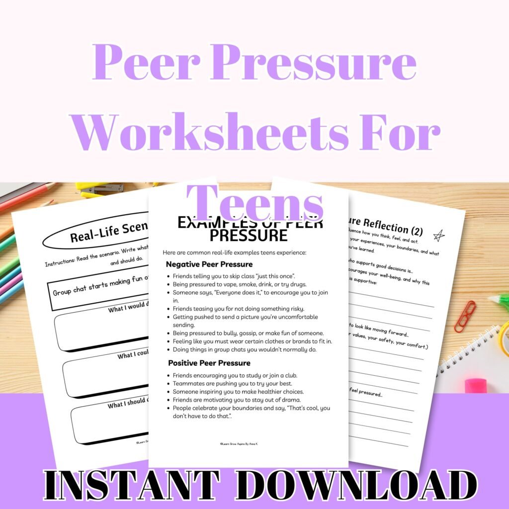 Peer pressure worksheets and activities for teens printable PDF