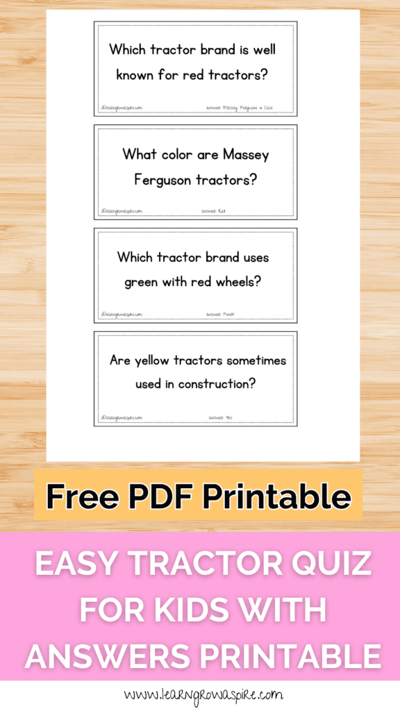 Easy tractor quiz for kids with answers printable