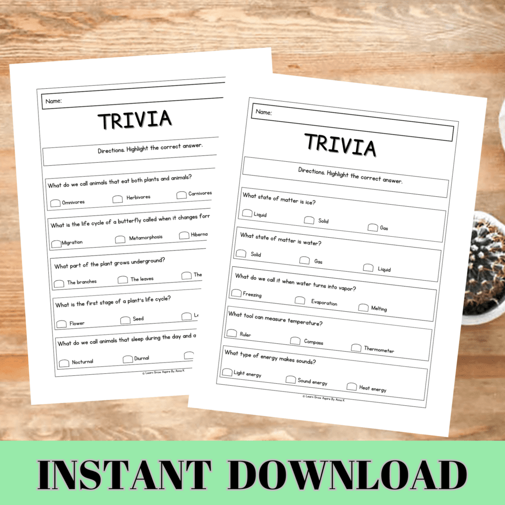 Grade 3 Science Quiz questions and answers PDF