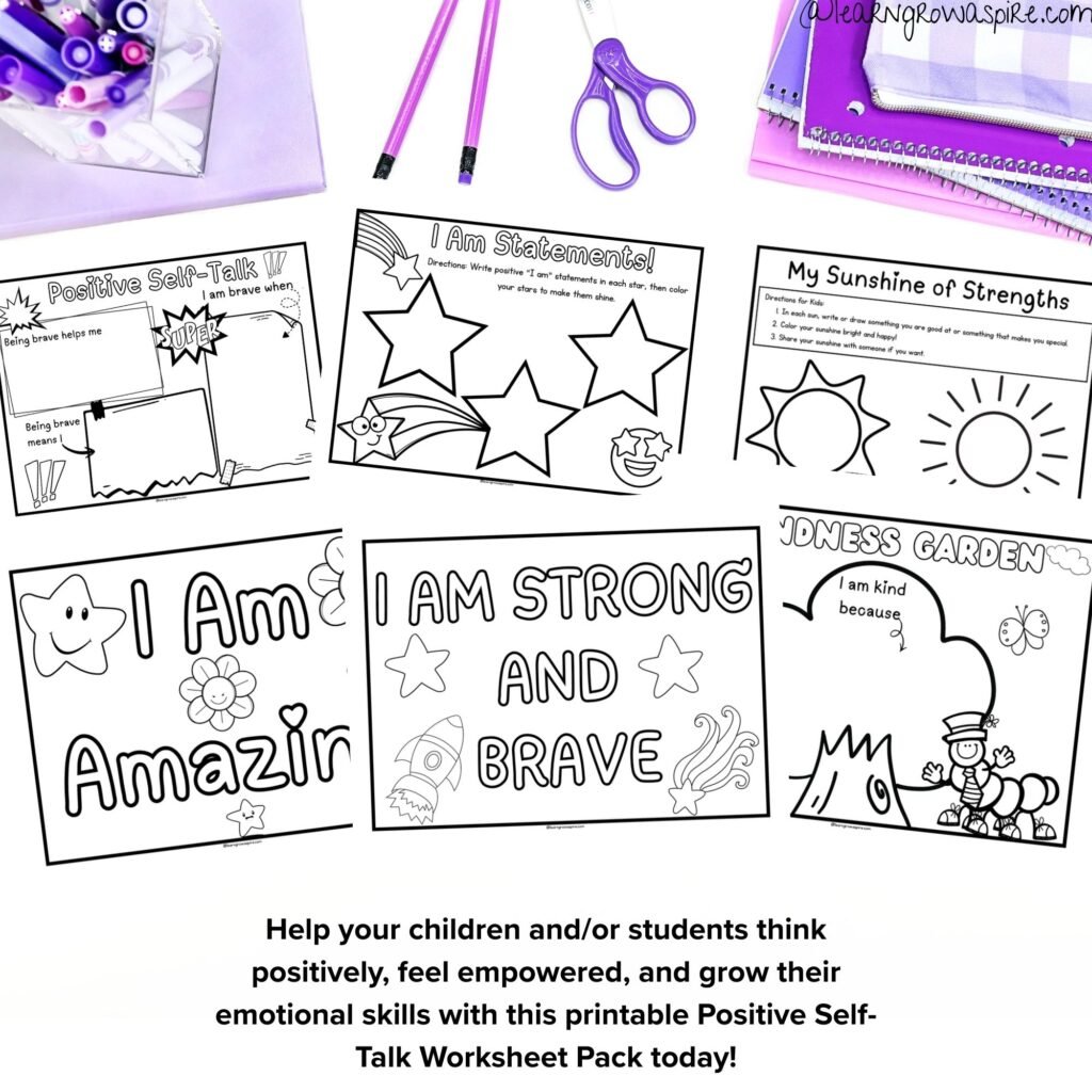 Positive self talk worksheets for kids printable PDF