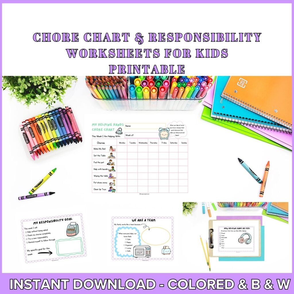 Responsibility Worksheets for Kids Ages 7-10 Printable PDF | Chore Chart & SEL Activities