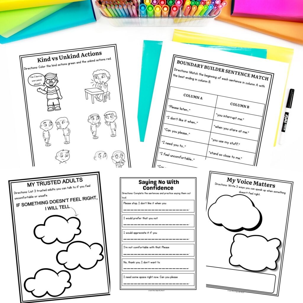 Personal boundaries for kids printable pdf worksheets.