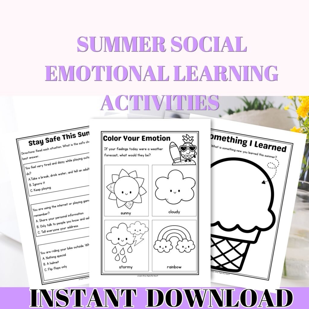 summer sel worksheets printable pdf for kids.