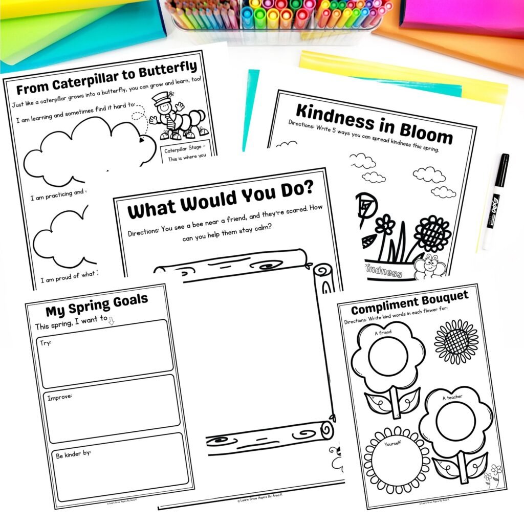 spring sel activities for kids printable pdf worksheets. 