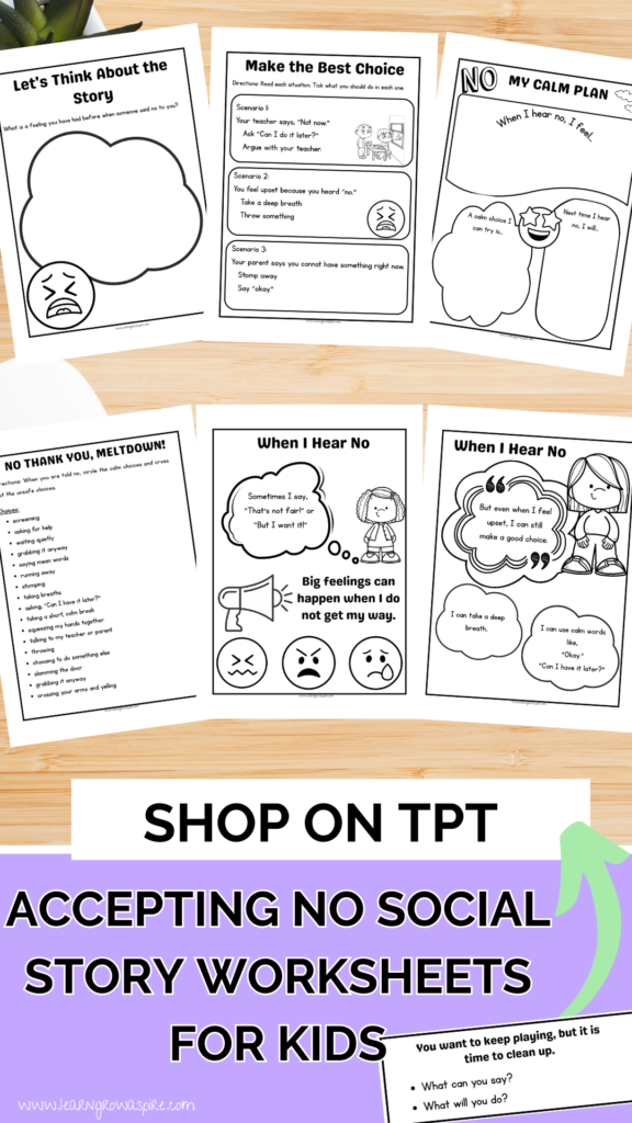 Accepting No Social Story Worksheets for Kids printable PDF