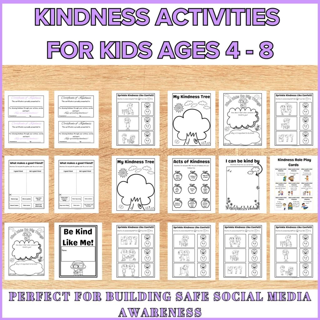 Printable kindness worksheets and activities for kids PDF download.
