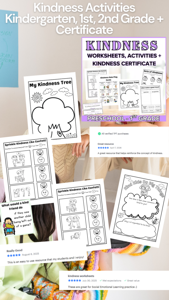 Printable PDF kindness activities for kindergarten, first grade and second grade. 