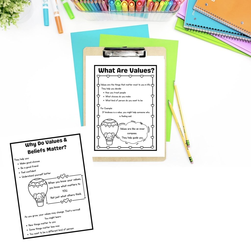 Therapist aid core values and beliefs for kids worksheets
