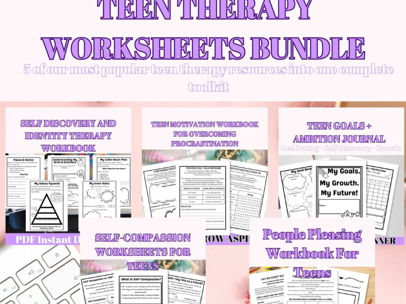 Teen Therapy Worksheets for Counselors | 5-PDF Bundle
